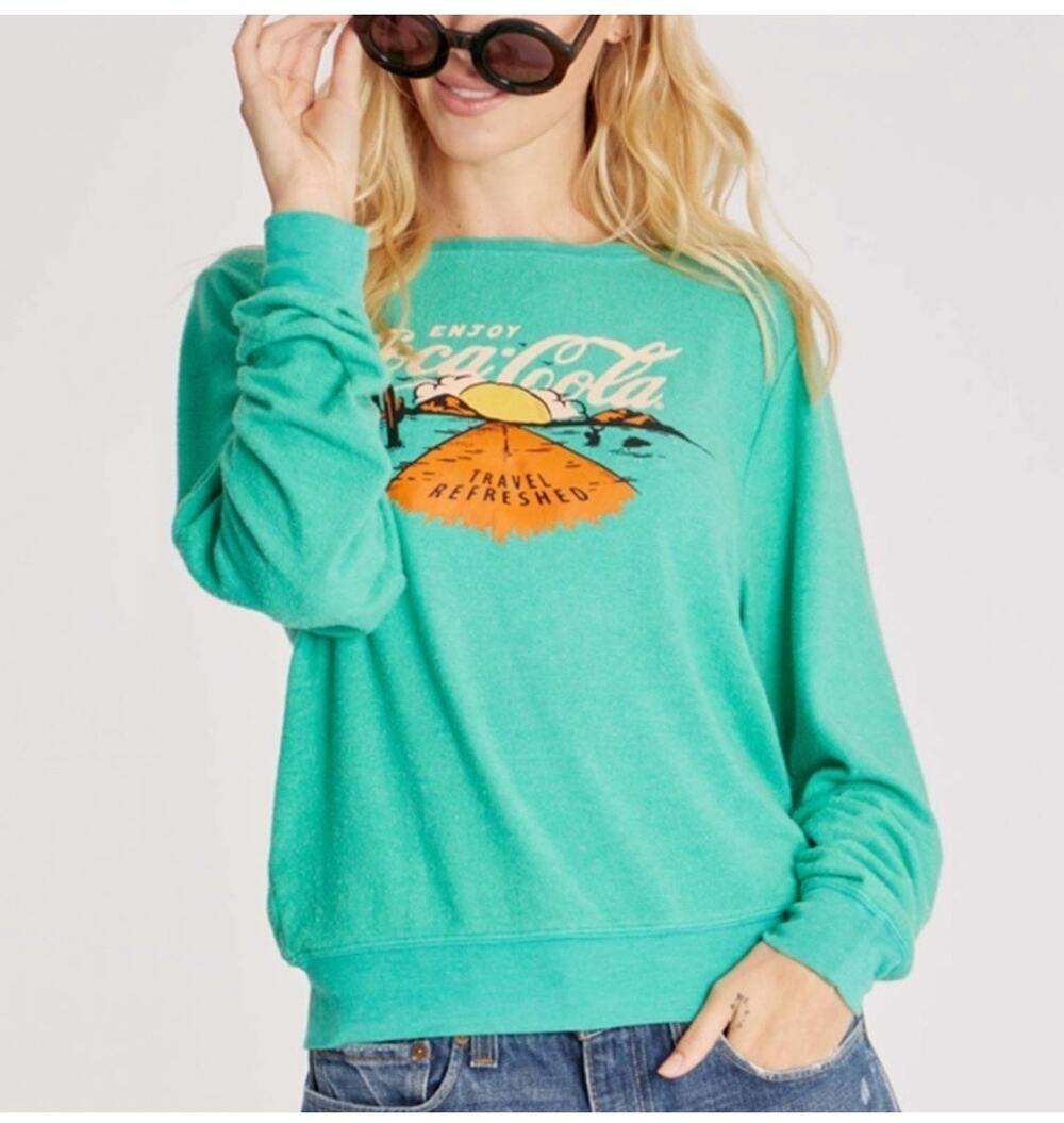 WILDFOX x Coca Cola Sweatshirt Size Small Travel Refreshed Graphic Green NWT